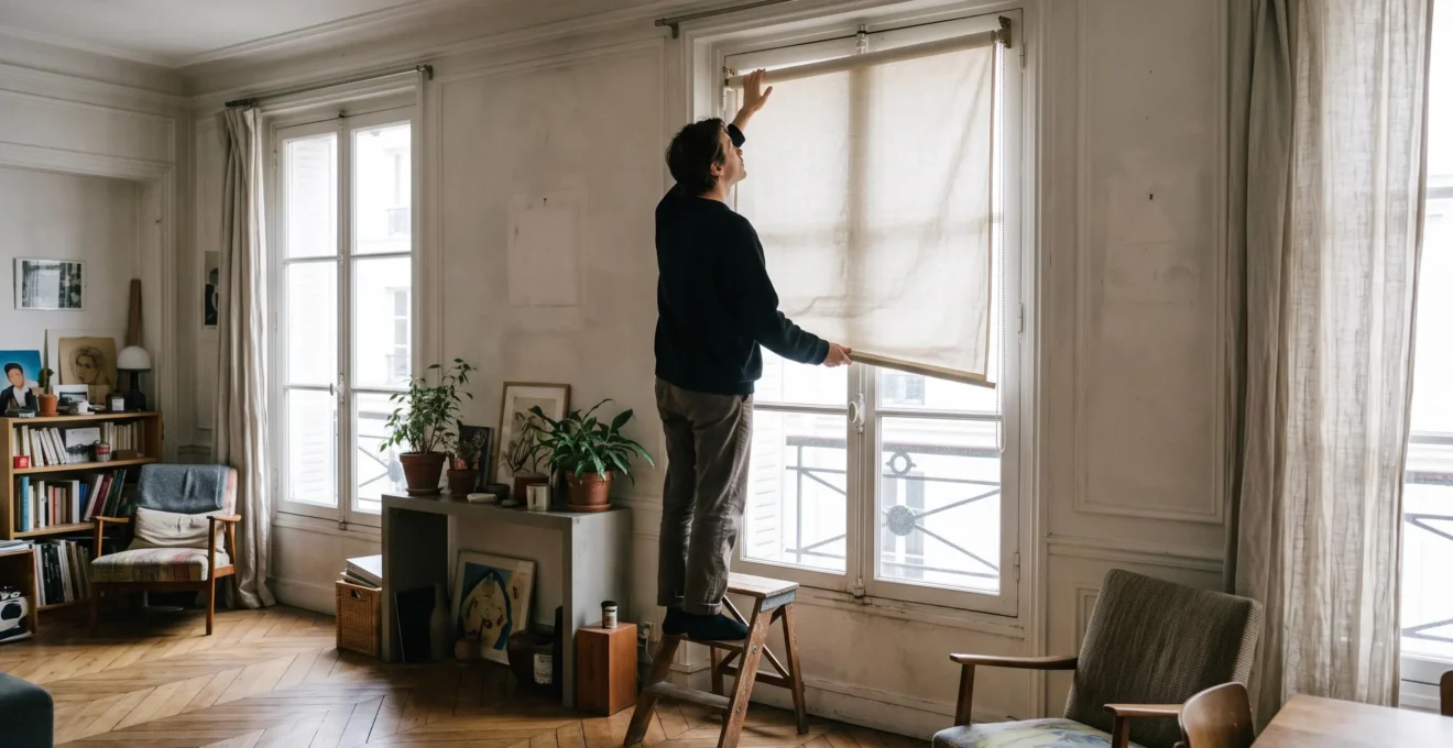 Une personne debout sur un tabouret réaligne un store enrouleur légèrement de travers devant une fenêtre, où un jour de lumière passe sur le côté.