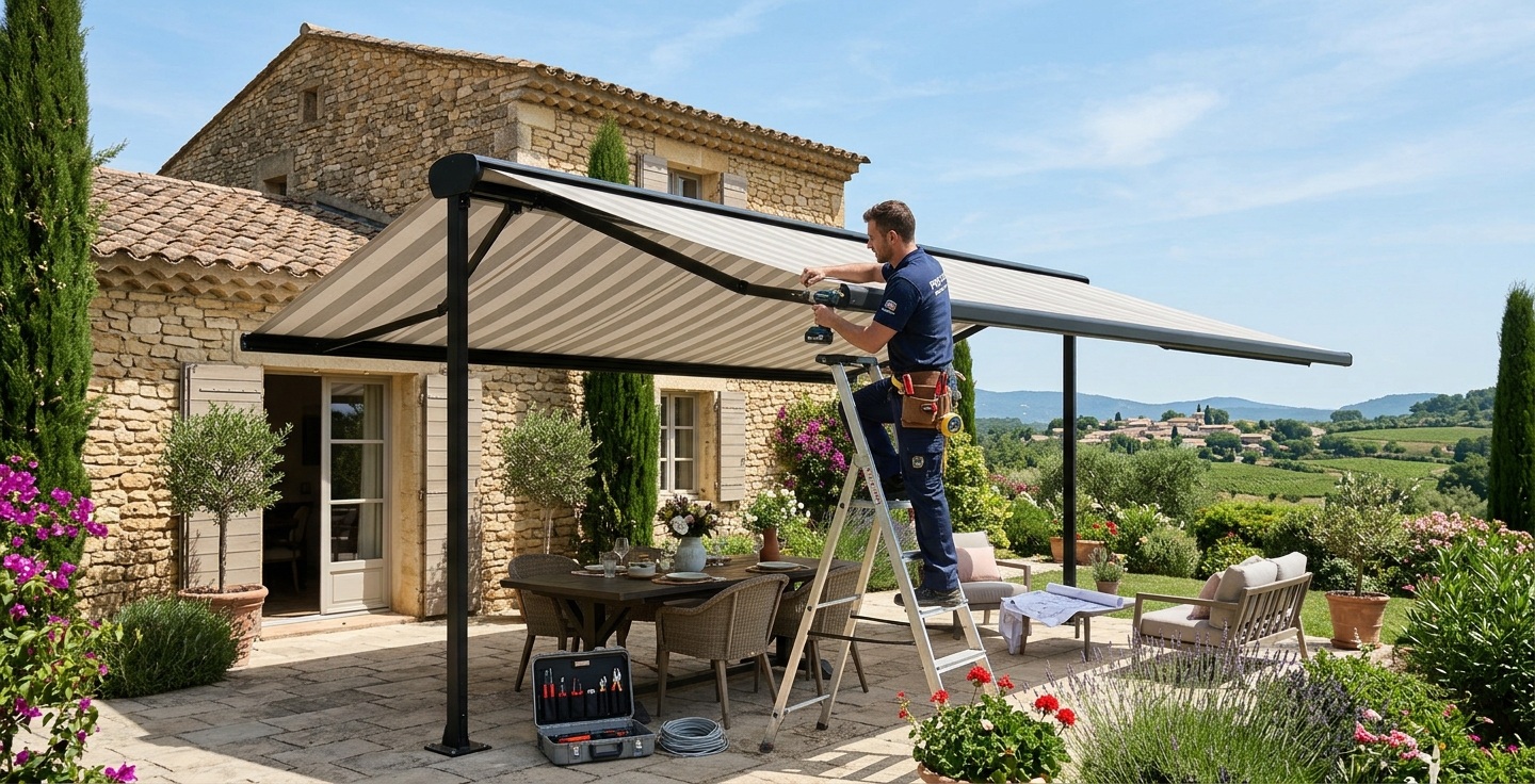 Un installateur règle le barillet de la toile d'un store sur une échelle.
