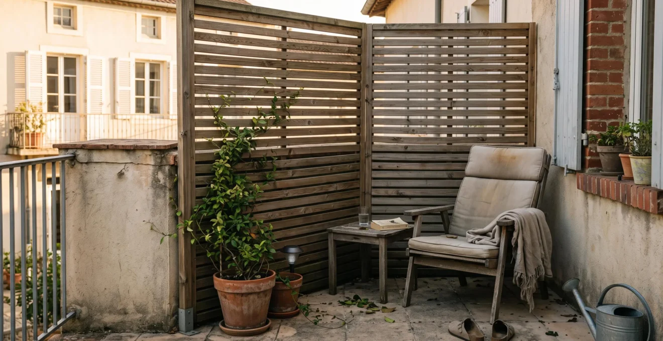 Coin détente extérieur aménagé sur une terrasse avec un claustra en bois filtrant la vue vers la terrasse voisine, un fauteuil de jardin confortable et des coussins, en fin d'après-midi.