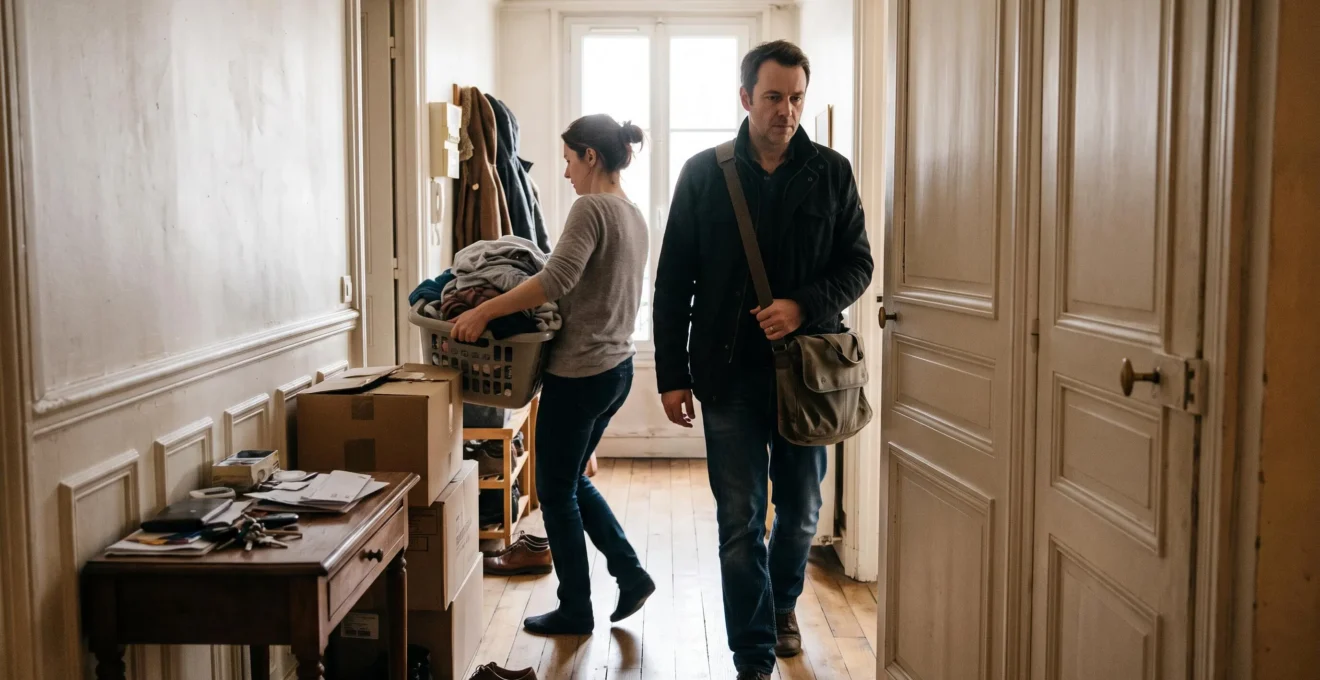 Deux personnes se croisent avec difficulté dans un couloir étroit d'un appartement encombré par une console et un carton.