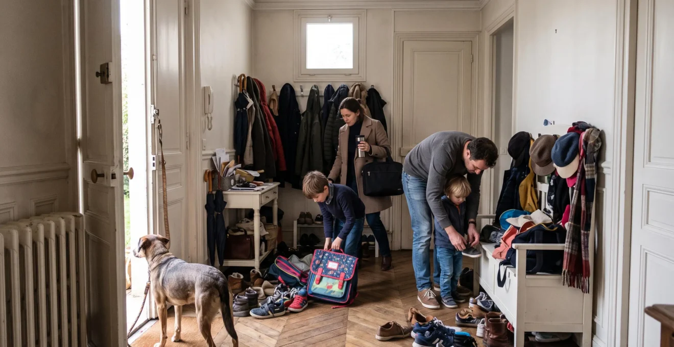 Entrée d'une maison française encombrée pendant le départ matinal : une aide un enfant à chausser pendant qu'un adulte passe avec un sac, manteaux et chaussures au sol.