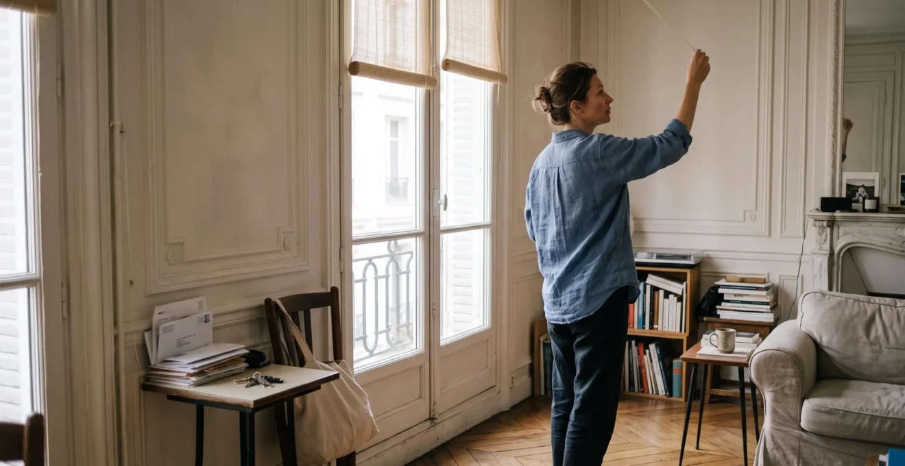 Une femme actionne d'un seul geste un store dans un salon lumineux d'appartement français.