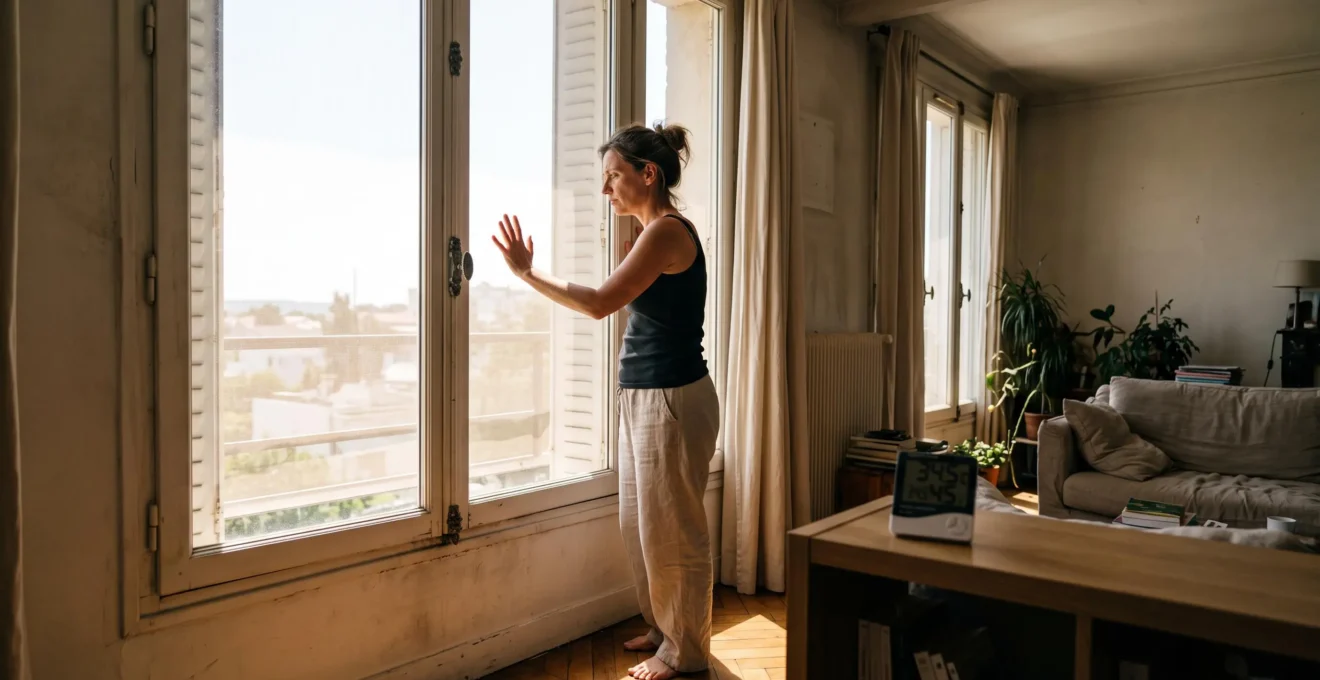 Une femme pose la main sur une vitre chauffée par le soleil derrière un store intérieur dans un salon en pleine canicule