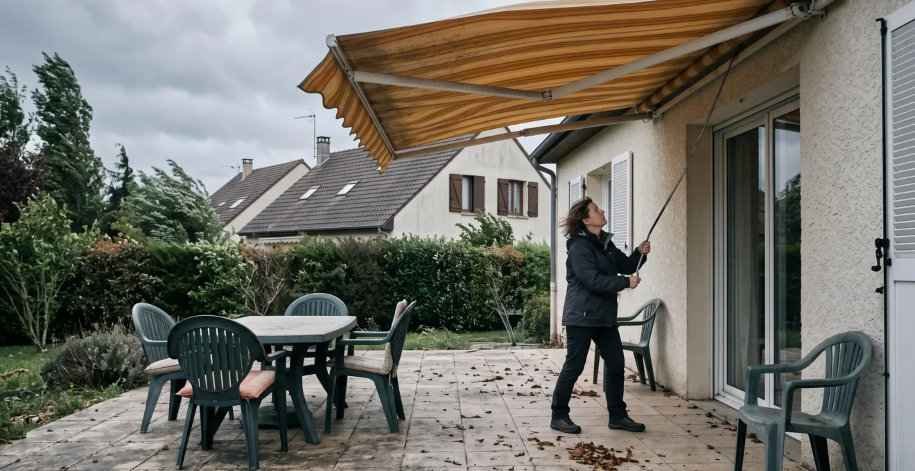 Une femme rentre le store banne de sa terrasse pendant une rafale de vent dans une maison française.