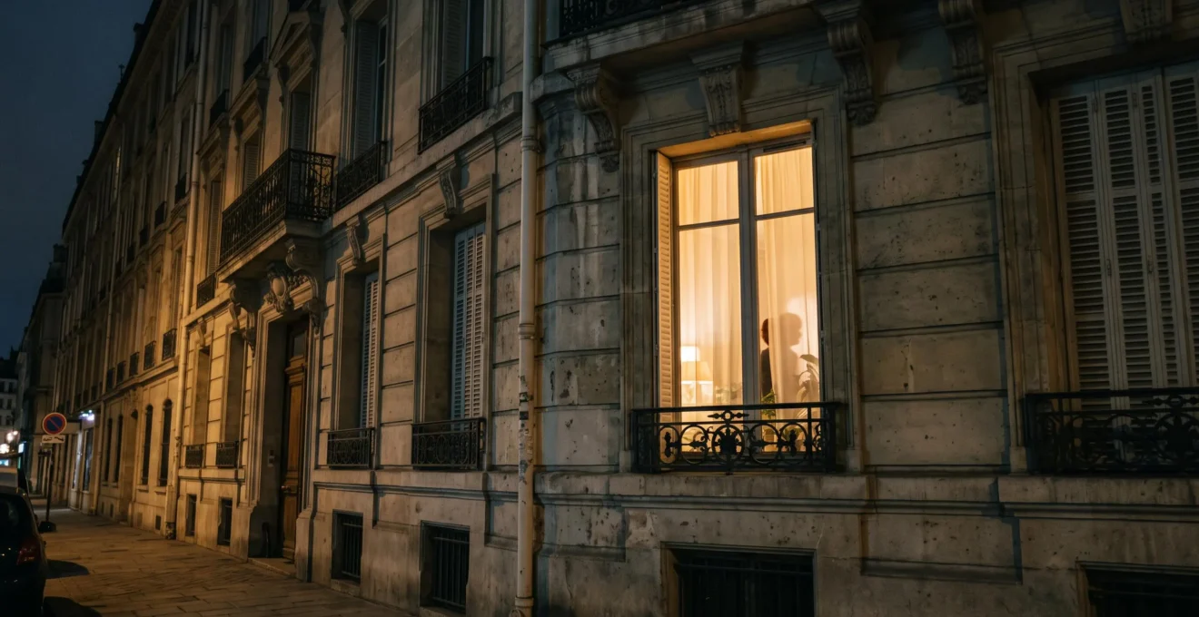 Vue depuis une rue la nuit sur un immeuble dont une fenêtre éclairée laisse deviner l'intérieur d'un appartement derrière un voilage.