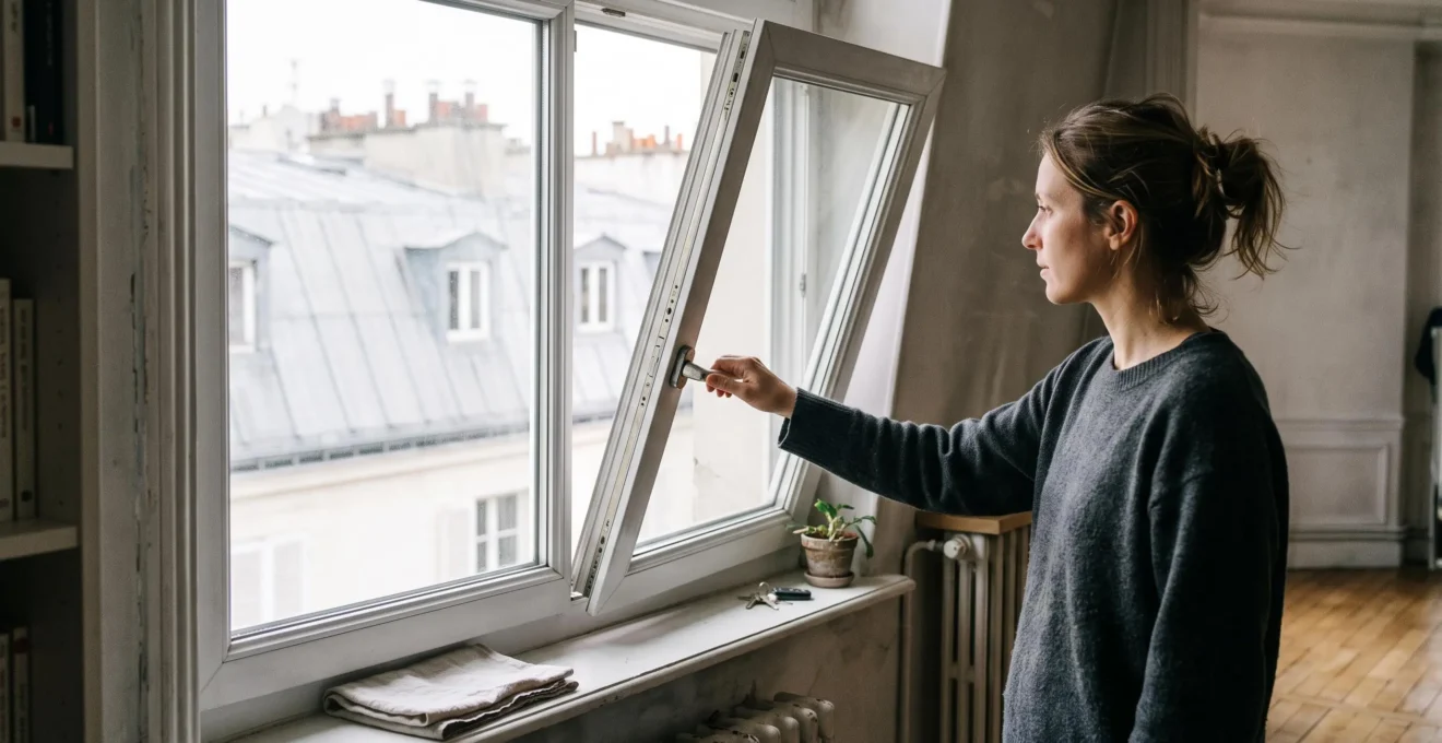 Une fenêtre oscillo-battant entrebâillée en position haute dans un appartement situé à un étage élevé, une personne maintenant la poignée depuis l'intérieur.