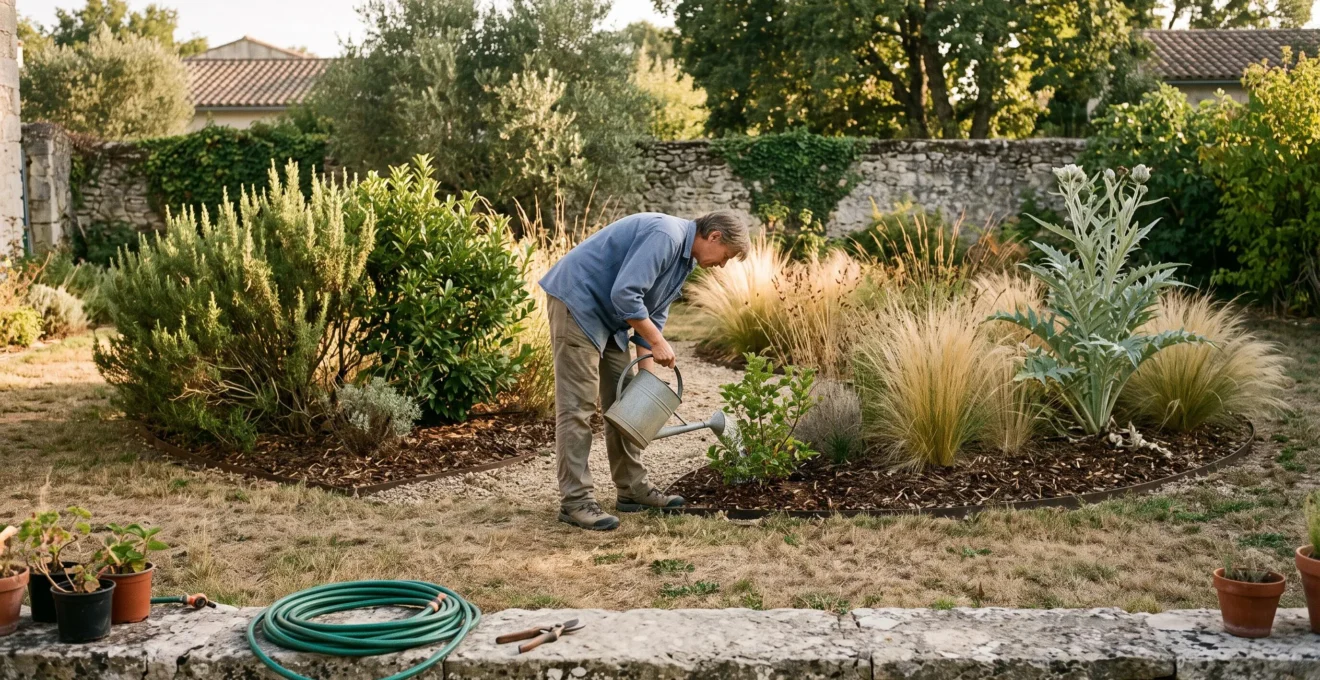Un propriétaire arrose un jeune arbuste dans un jardin paysager structuré en trois masses végétales avec des espaces ouverts entre les plantations, vu depuis une terrasse en pierre.