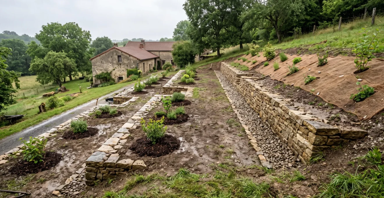 Jardin en pente aménagé en plusieurs paliers végétalisés retenus par des murets en pierre, avec des rigoles drainantes en gravier au pied de chaque niveau.