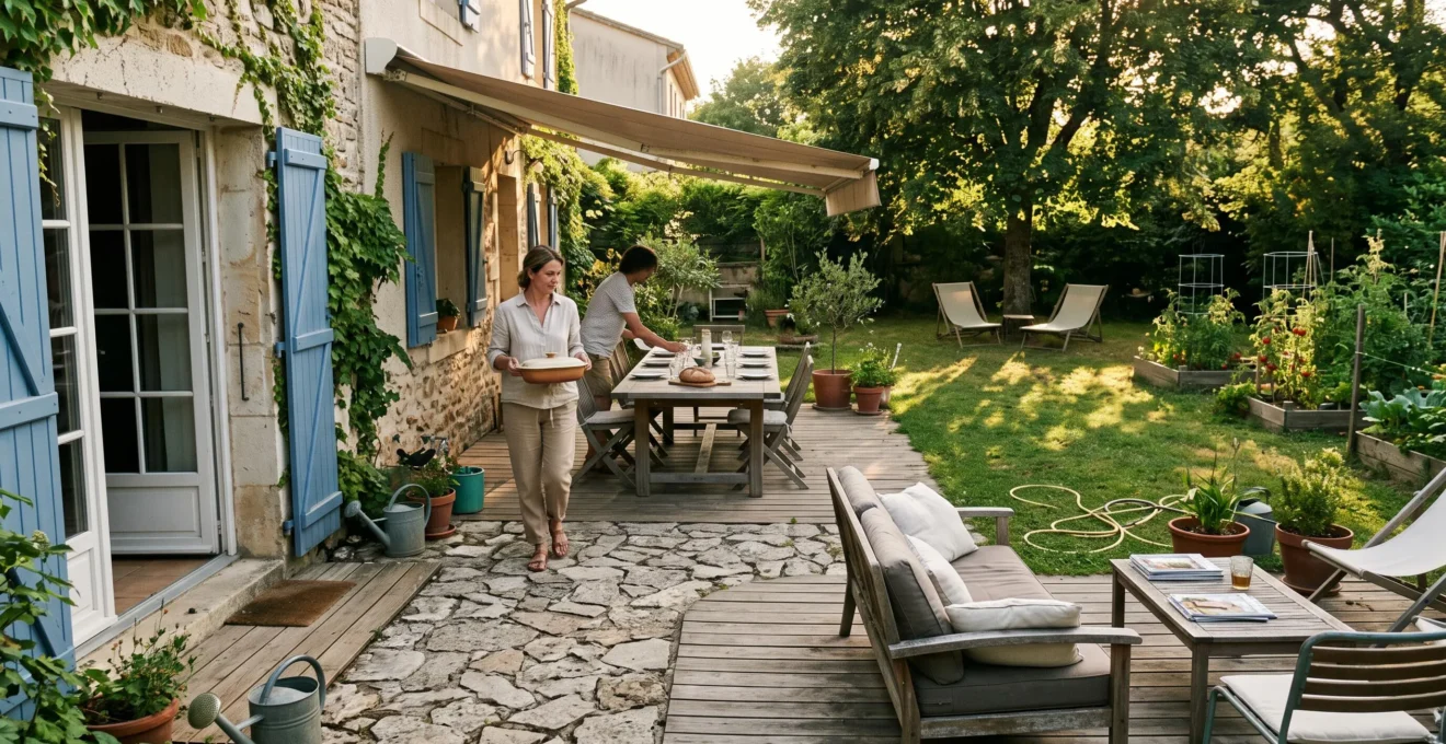 Une femme porte des assiettes sur un chemin de circulation dégagé entre la maison et la table du coin repas, dans un jardin organisé en zones distinctes.