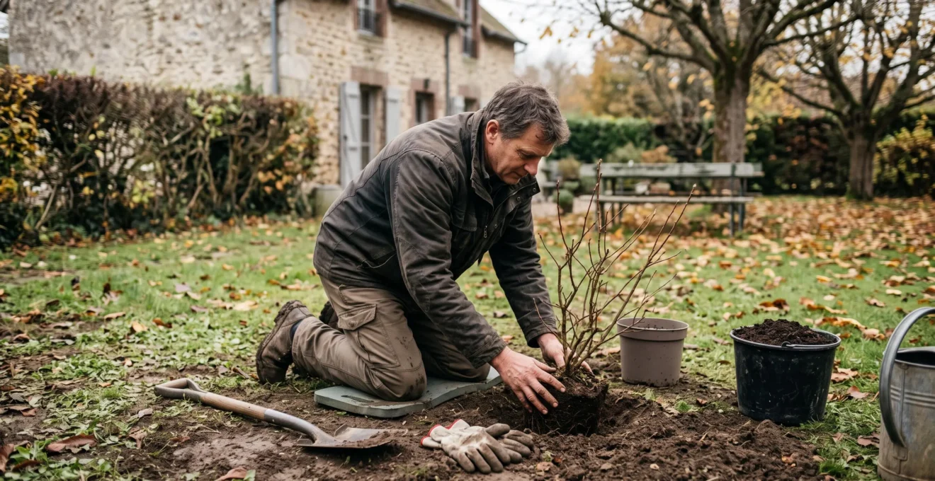 Un jardinier plante un jeune arbustre en pleine terre dans un jardin français, la motte positionnée au niveau du sol à côté d'une bêche et d'un arrosoir.