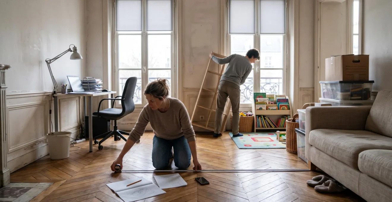 Une femme mesure l'espace libre entre un canapé et un bureau installé dans un salon qui accueille aussi un coin jeu pour enfant, pendant qu'une autre personne déplace une bibliothèque.