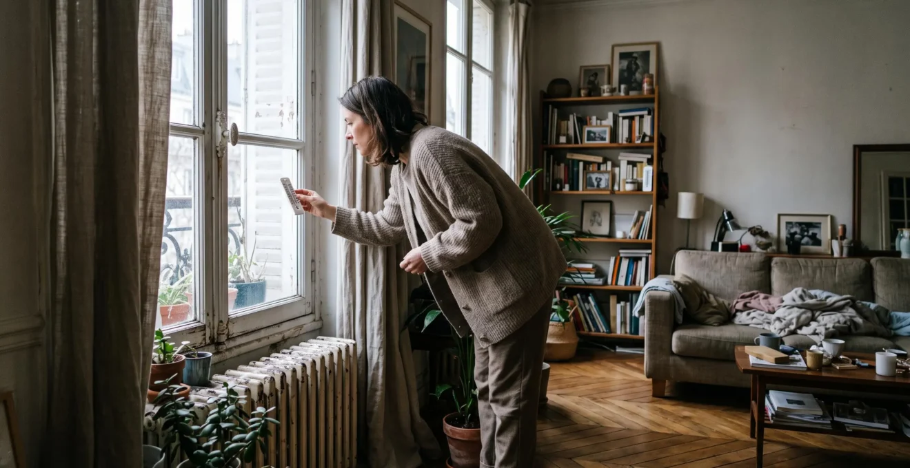 Une femme mesure la température près d'une fenêtre froide dans son salon avec un thermomètre d'intérieur.