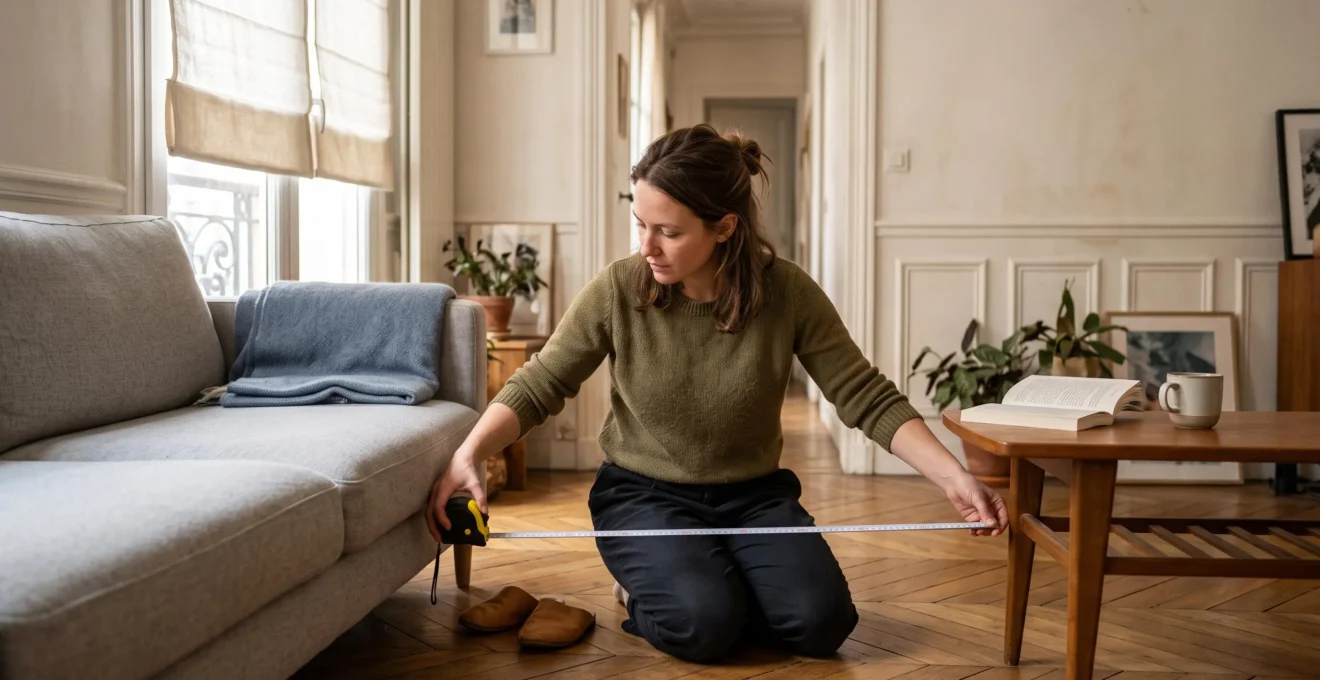 Une femme mesure au mètre ruban la largeur de passage entre un canapé et une table basse dans un salon lumineux.