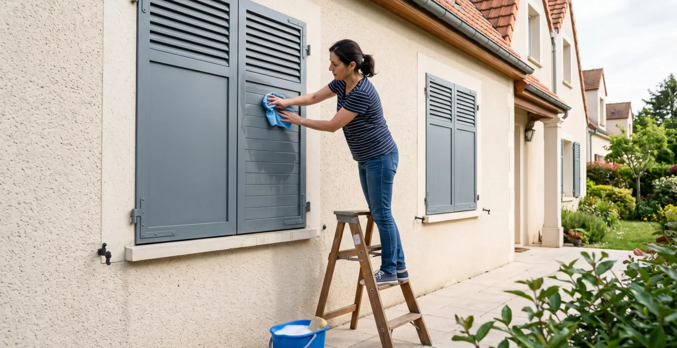 Un habitant nettoie les volets en aluminium de sa maison avec un chiffon.