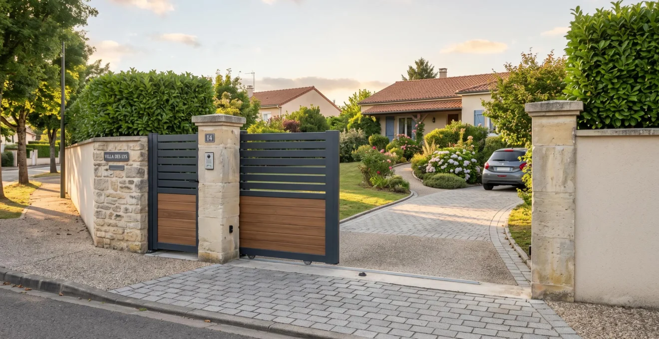 Un portail coulissant en aluminium gris à l'entrée d'une maison française