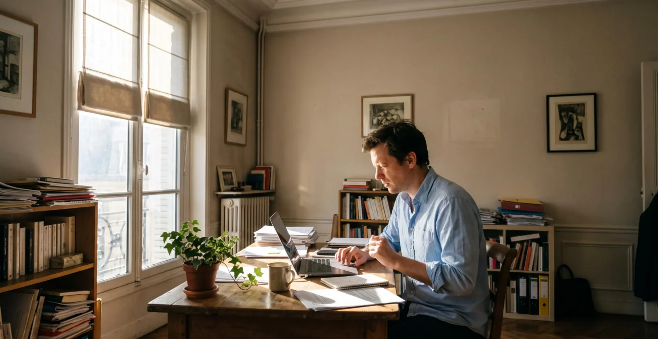 Une personne assise à un bureau perpendiculaire à une fenêtre, gênée par des reflets de soleil sur son écran d'ordinateur, avec un store à toile descendu à moitié.