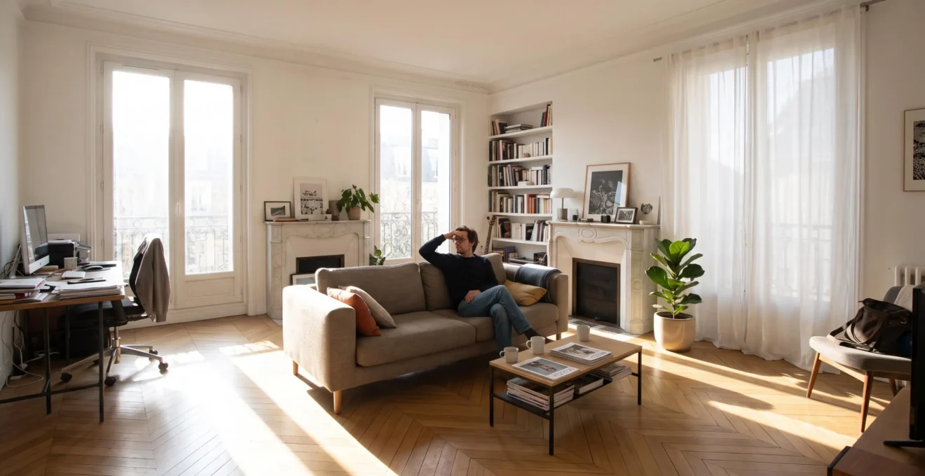 Un salon exposé sud en fin d'après-midi avec un reflet de soleil sur un écran, une personne protège ses yeux près d'un voilage filtrant la lumière sur une moitié de la baie vitrée.