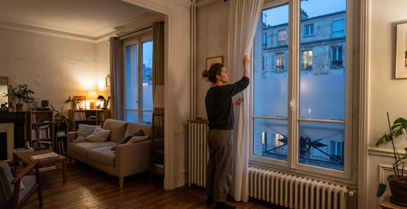Une femme ajuste un voilage devant une fenêtre équipée d'un film dépoli, dans un salon éclairé en soirée face à un immeuble voisin.