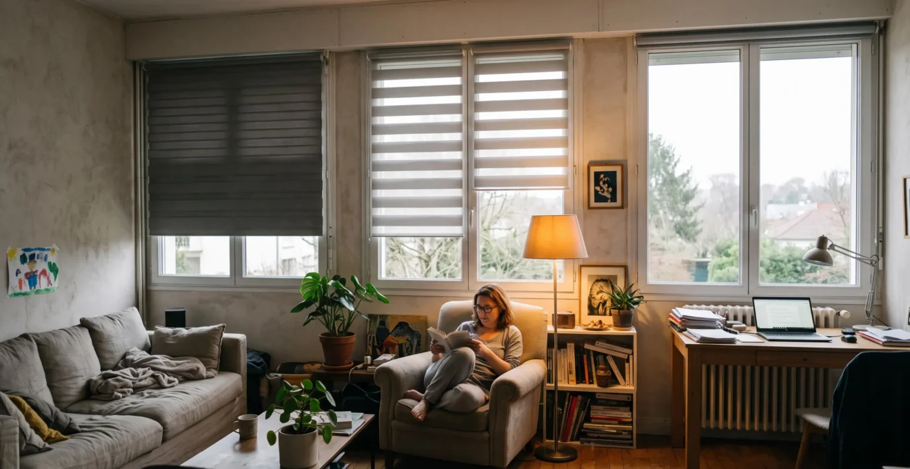 Un salon familial avec des stores jour-nuit réglés à des hauteurs différentes sur une même baie vitrée, créant trois zones de lumière distinctes pour lire, travailler et se reposer.