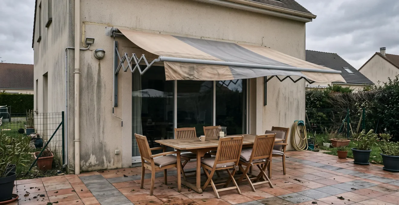 Store banne partiellement rentré sur une façade de maison alors que le vent soulève la toile au-dessus d'une table de terrasse.