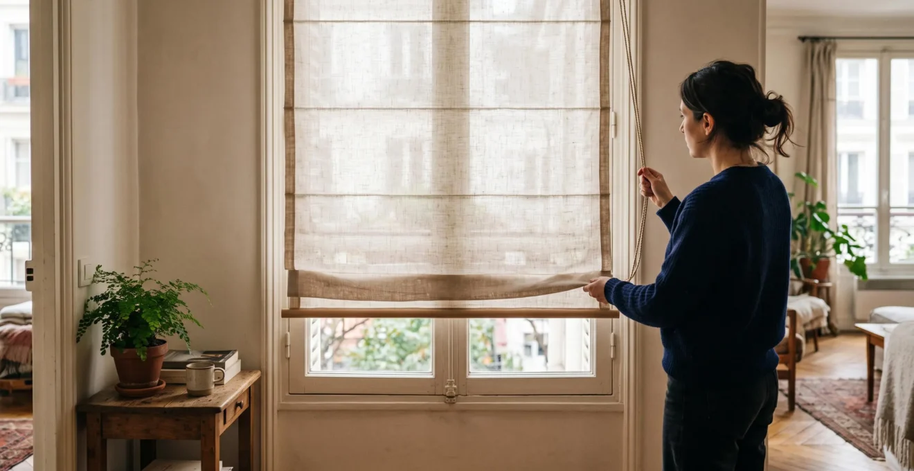 Une femme baisse un store bateau beige dans un salon lumineux, les plis du tissu bien dessinés et la tringle inférieure maintenant le retombé droit.