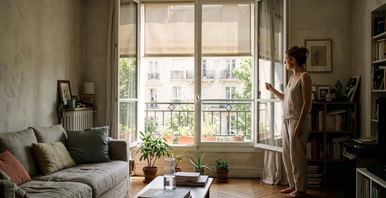 Une femme règle un store extérieur baissé à mi-hauteur devant une grande fenêtre d'un salon français ensoleillé.