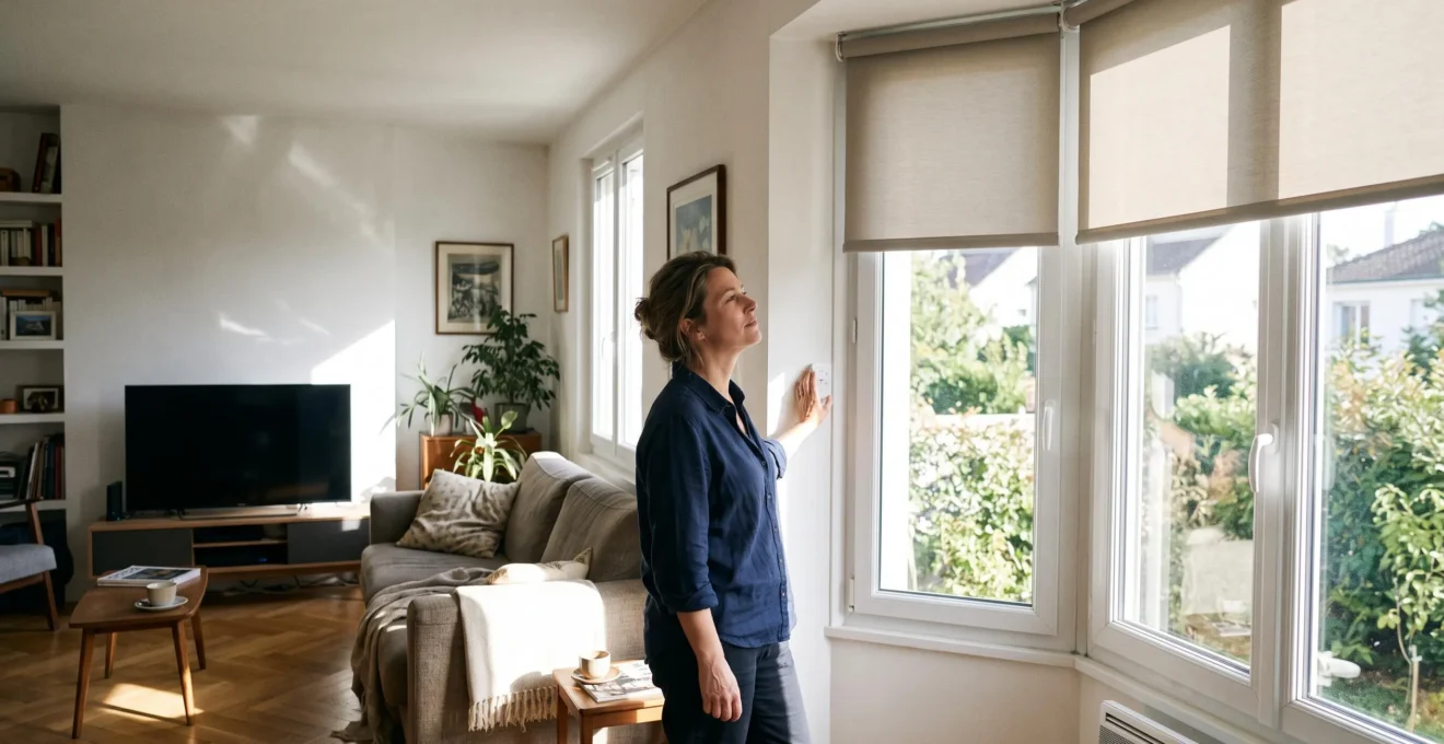 Une femme observe un store motorisé baissé à mi-hauteur devant une baie vitrée exposée au soleil, avec une zone de reflet lumineux visible dans le salon.