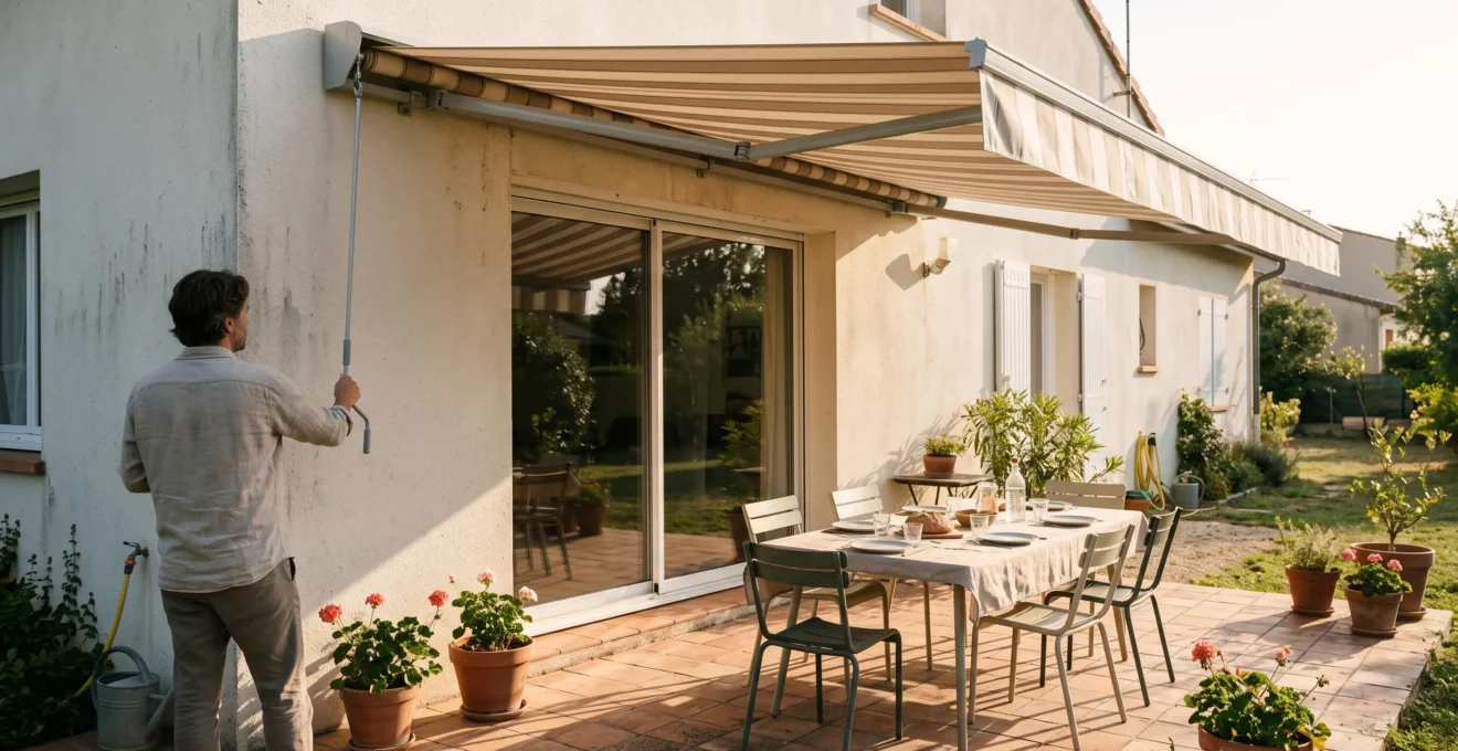 Un store banne semi-coffre déployé au-dessus d'une terrasse en France, une personne actionnant la manivelle depuis la table de jardin