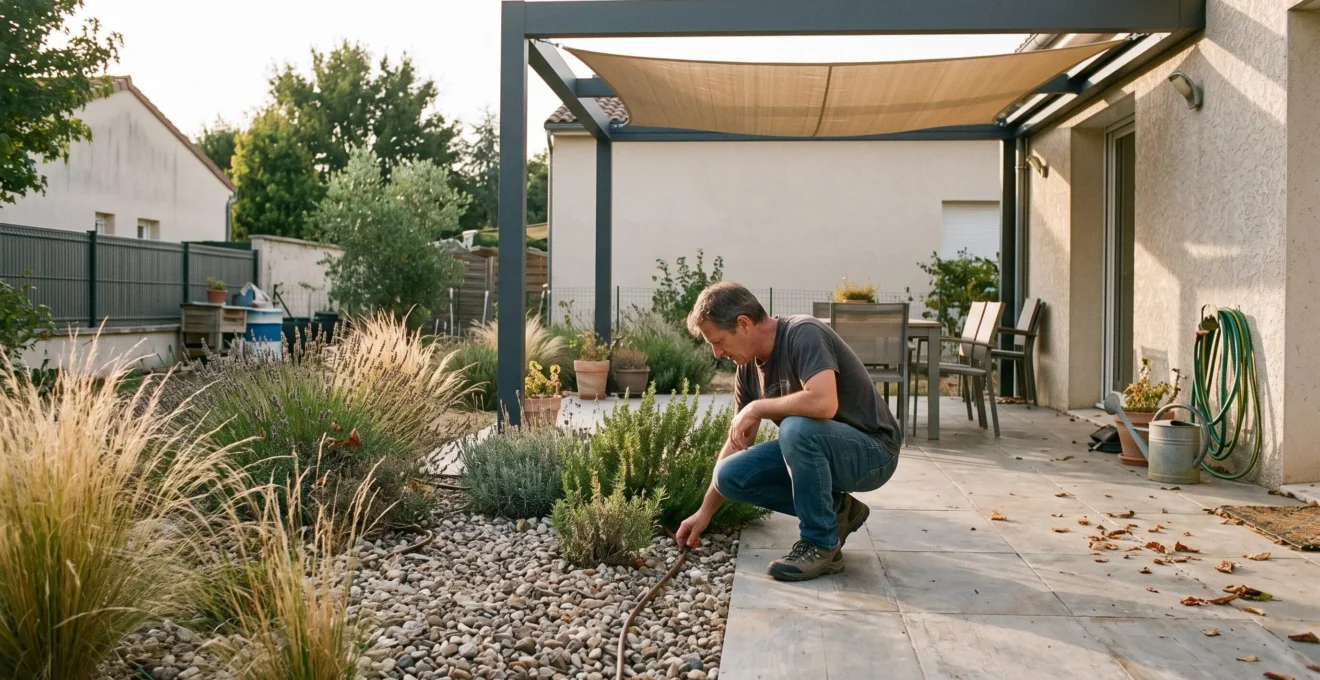 Terrasse pavée bordée de graminées et de plantes méditerranéennes paillées, avec goutte-à-goutte et pergola à voile d'ombrage, dans un jardin français facile d'entretien.