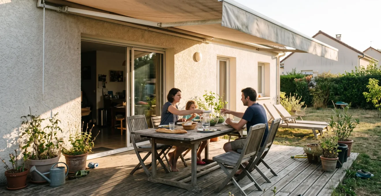 Une famille dîne sous un store banne sur une terrasse en fin de journée, tandis que des fauteuils restent au soleil en arrière-plan.