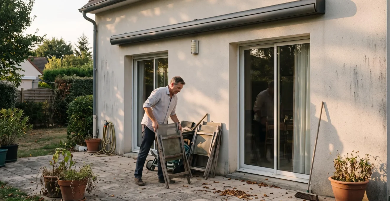 Un homme replie des chaises sur une terrasse française en fin d'été, le store coffre fermé au-dessus des portes-fenêtres.