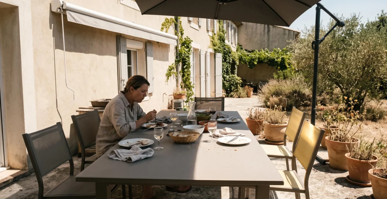 Une table de repas extérieur à mi-ombre sous un parasol déporté à midi sur une terrasse en pierre, avec une personne assise du côté ombragé.