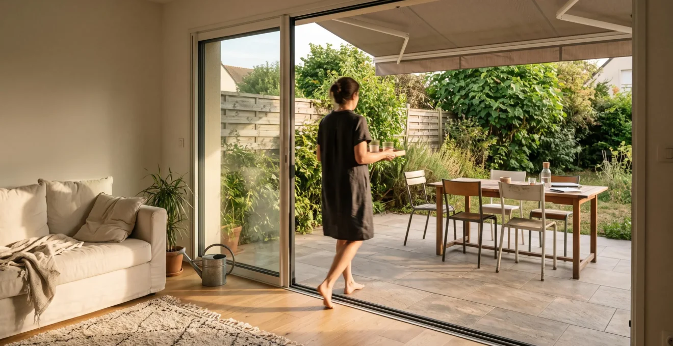 Une femme traverse une baie vitrée grande ouverte en portant un plateau, entre un salon et une terrasse de niveau quasi identique.