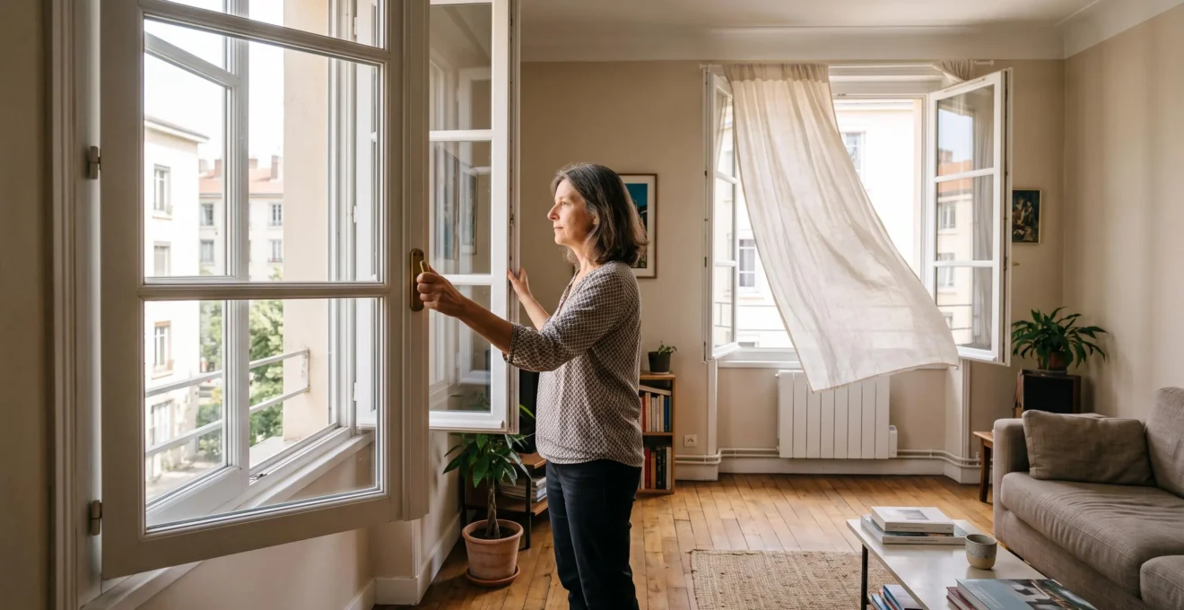 Une personne ouvre en grand une fenêtre à la française dans un salon dont la fenêtre opposée est également ouverte, créant une ventilation traversante.