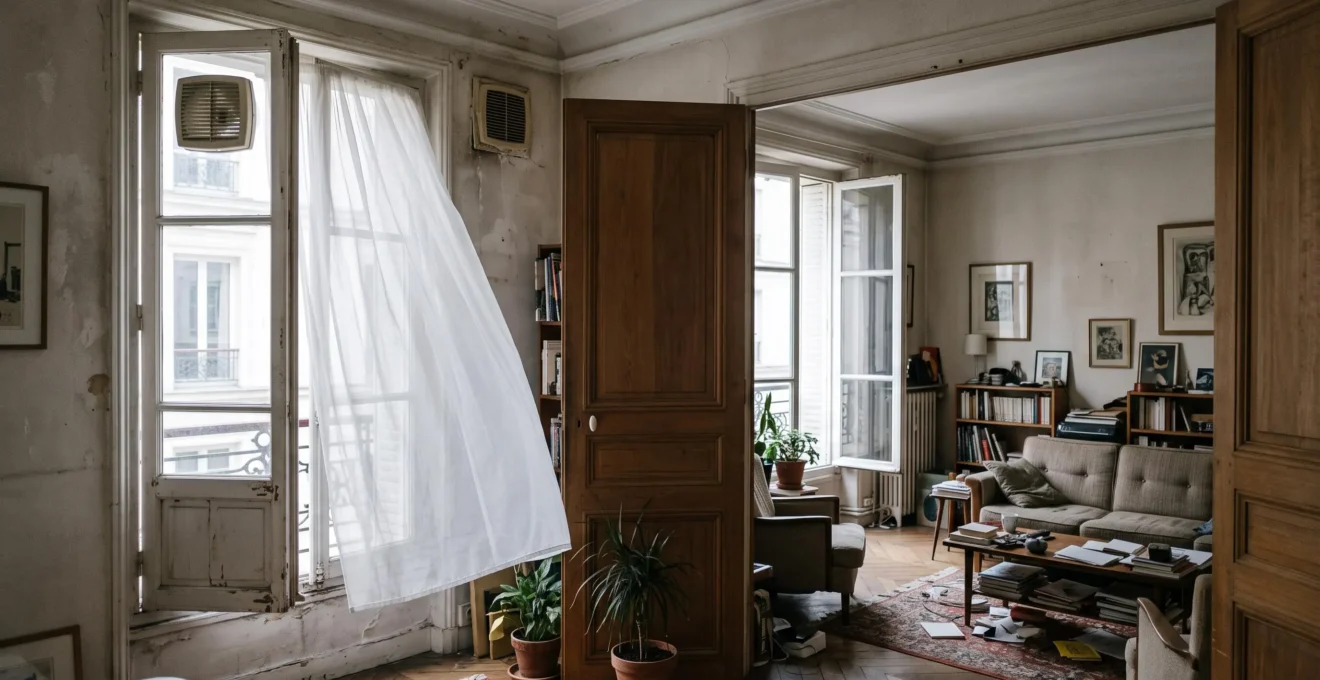 Deux fenêtres ouvertes sur des murs opposés dans un salon, avec un voilage qui s'incurve sous le flux d'air traversant la pièce.